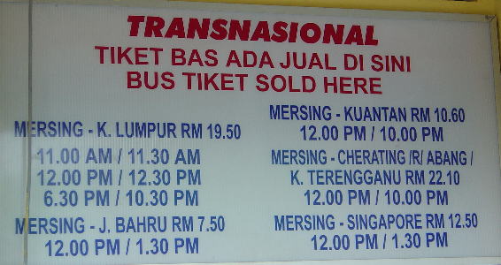 Bus Fares from Mersing