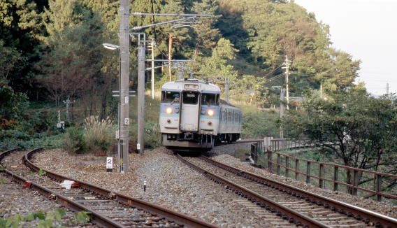 羽尾信号場跡を行く115系。