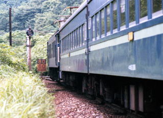 潮沢信号場の場内中継信号機のあたりを走るお座敷列車。