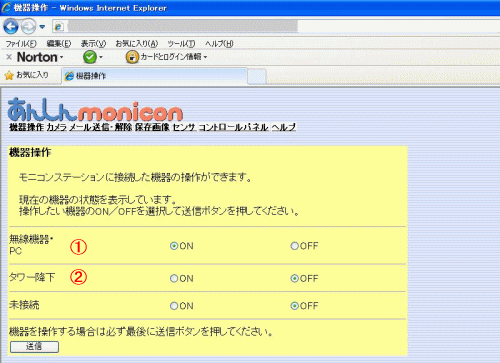 安心モニコン 機器操作画面
