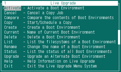 Live Upgrade Main Menu